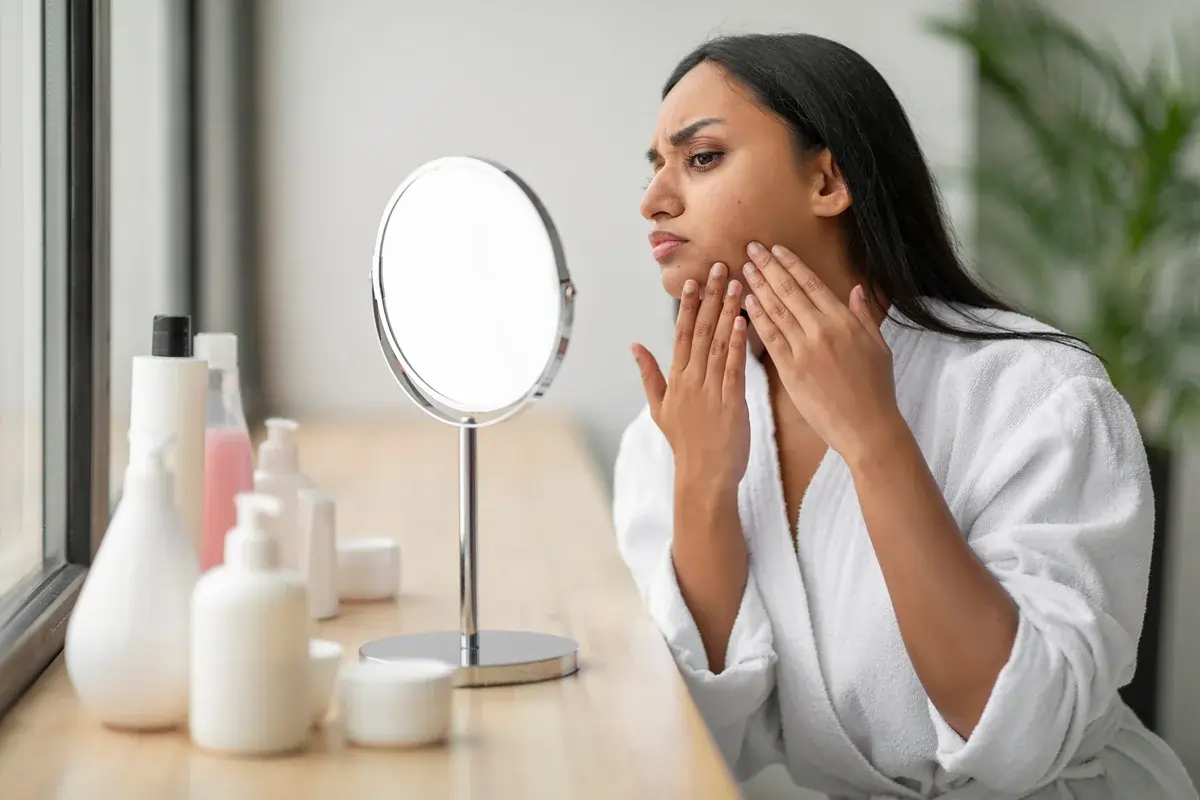 Woman examining dull skin before a VI Peel treatment for brighter, smoother skin
