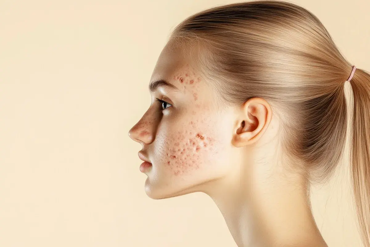 Close-up side profile of a woman with acne scars and uneven skin texture